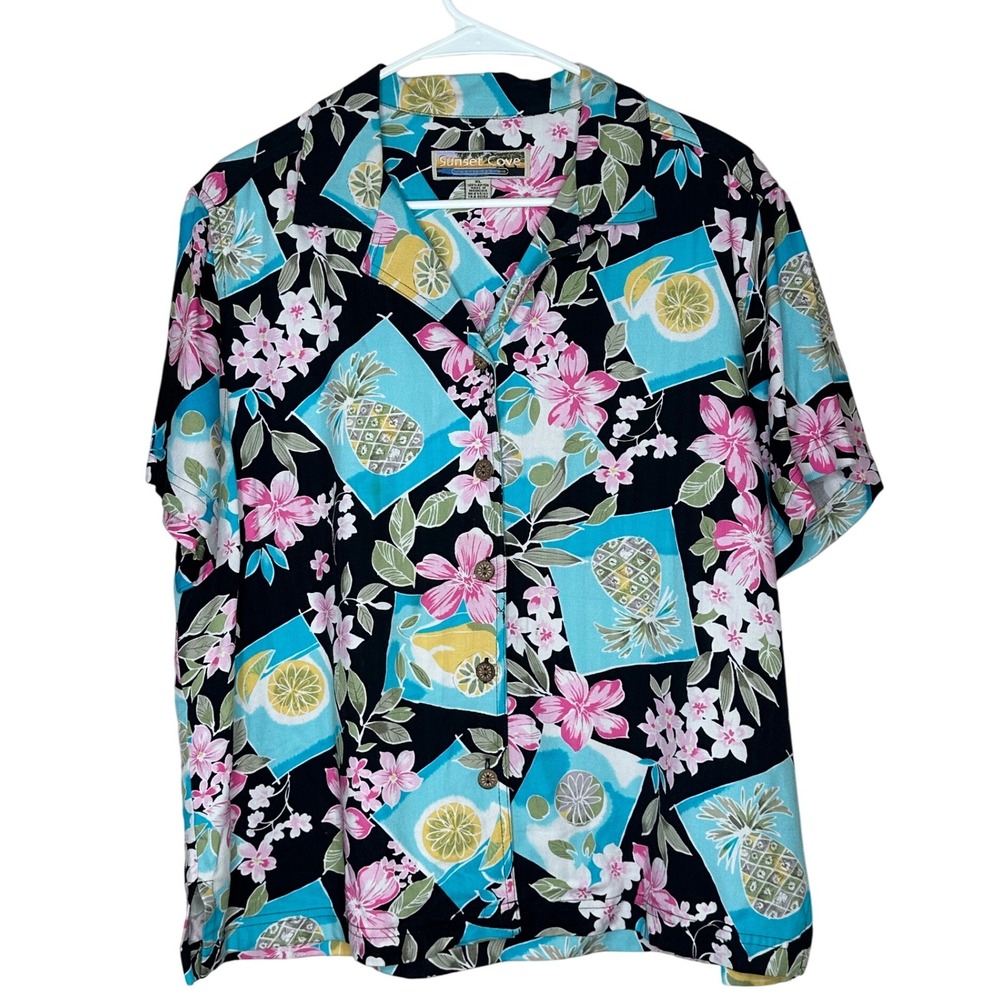 Sunset Cove VTG XL‎ Hawaiian Shirt Tropical Floral Pineapple Lemon Rayon Blouse